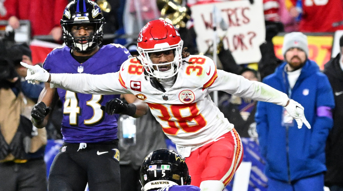 Chiefs cornerback L’Jarius Sneed celebrates a play against the Ravens in the 2023 AFC Championship
